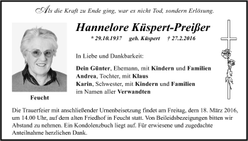 Traueranzeige von Hannelore Küspert-Preißer von Der Bote