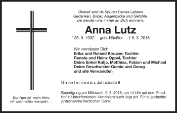 Traueranzeige von Anna Lutz von Der Bote