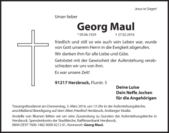 Traueranzeige von Georg Maul von Hersbrucker Zeitung