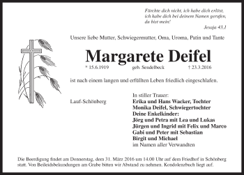 Traueranzeige von Margarete Deifel von Pegnitz-Zeitung