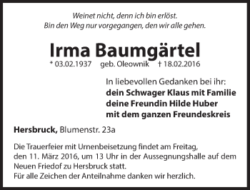 Traueranzeige von Irma Baumgärtel von Hersbrucker Zeitung