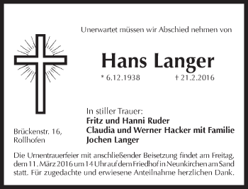 Traueranzeige von Hans Langer von Pegnitz-Zeitung