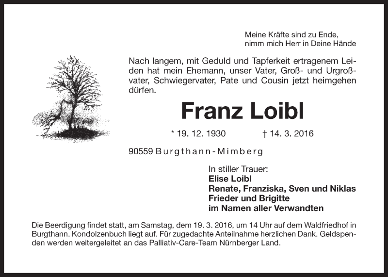  Traueranzeige für Franz Loibl vom 16.03.2016 aus Der Bote