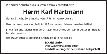 Traueranzeige von Karl Hartmann von Hersbrucker Zeitung