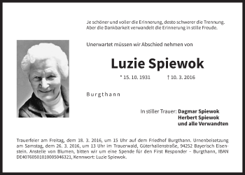 Traueranzeige von Luzie Spiewok von Der Bote