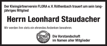 Traueranzeige von Leonhard Staudacher von Pegnitz-Zeitung
