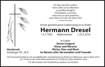 Traueranzeige von Hermann Dresel von Hersbrucker Zeitung