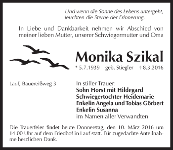 Traueranzeige von Monika Szikal von Pegnitz-Zeitung