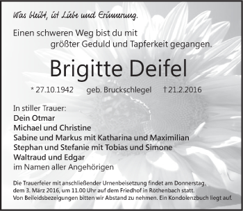 Traueranzeige von Brigitte Deifel von Pegnitz-Zeitung