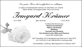 Traueranzeige von Irmgard Krämer von Der Bote