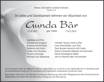 Traueranzeige von Gunda Bär von Pegnitz-Zeitung