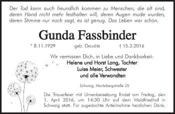 Traueranzeige von Gunda Fassbinder von Pegnitz-Zeitung