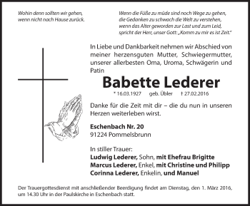 Traueranzeige von Babette Lederer von Hersbrucker Zeitung