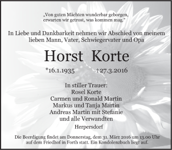 Traueranzeige von Horst Korte von Pegnitz-Zeitung