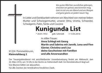 Traueranzeige von Kunigunda List von Hersbrucker Zeitung