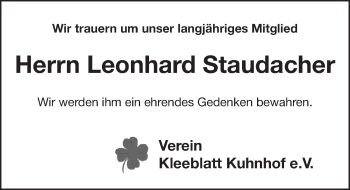 Traueranzeige von Leonhard Staudacher von Pegnitz-Zeitung