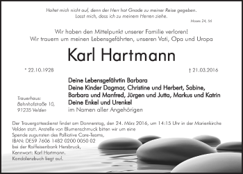 Traueranzeige von Karl Hartmann von Hersbrucker Zeitung