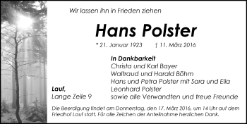 Traueranzeige von Hans Polster von Pegnitz-Zeitung