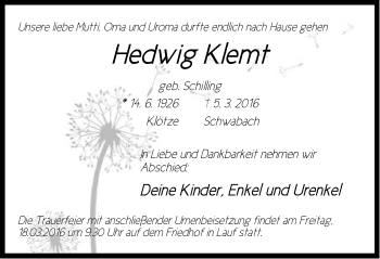 Traueranzeige von Hedwig Klemt von Pegnitz-Zeitung