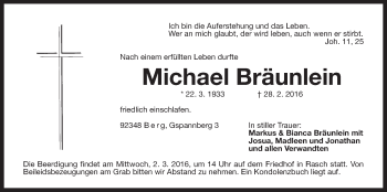 Traueranzeige von Michael Bräunlein von Der Bote