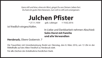 Traueranzeige von Julchen Pfister von Hersbrucker Zeitung