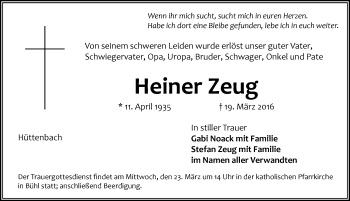 Traueranzeige von Heinrich Zeug von Pegnitz-Zeitung