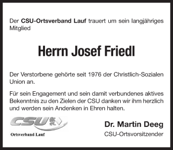 Traueranzeige von Josef Friedl von Pegnitz-Zeitung