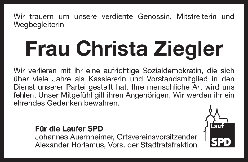  Traueranzeige für Christa Ziegler vom 15.03.2016 aus Pegnitz-Zeitung