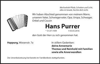 Traueranzeige von Hans Purrer von Hersbrucker Zeitung