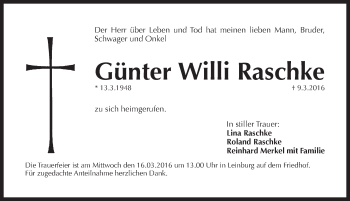 Traueranzeige von Guenter Willi Raschke von Pegnitz-Zeitung