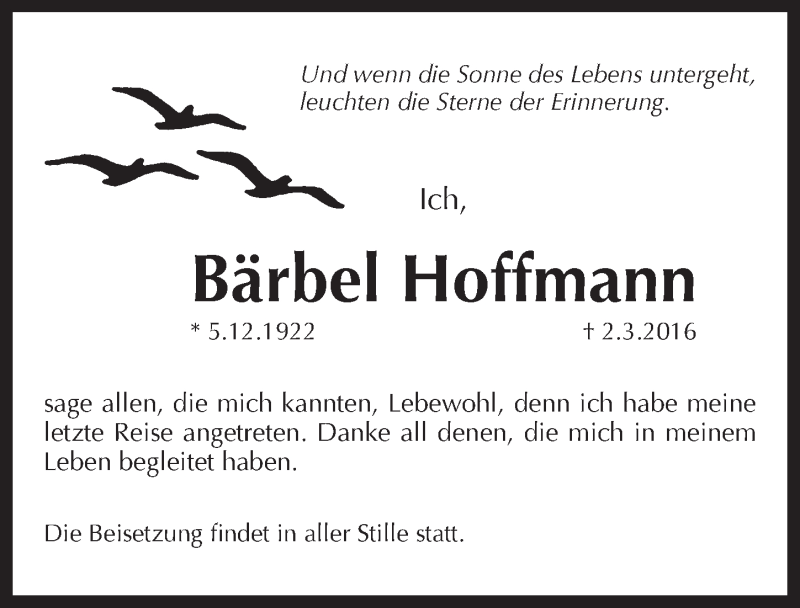  Traueranzeige für Baerbel Hoffmann vom 12.03.2016 aus Pegnitz-Zeitung