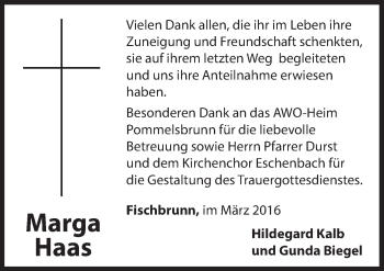 Traueranzeige von Marga Haas von Hersbrucker Zeitung