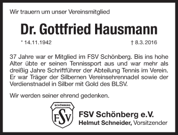 Traueranzeige von Gottfried Hausmann von Pegnitz-Zeitung