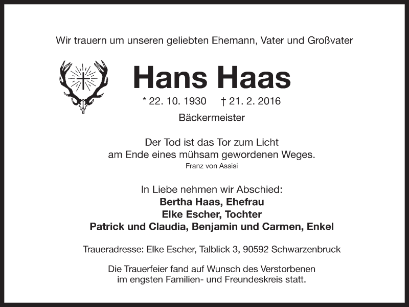  Traueranzeige für Hans Haas vom 12.03.2016 aus Der Bote