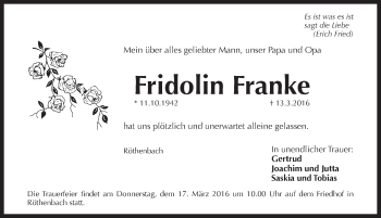 Traueranzeige von Fridolin Franke von Pegnitz-Zeitung