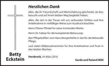 Traueranzeige von Betty Eckstein von Hersbrucker Zeitung