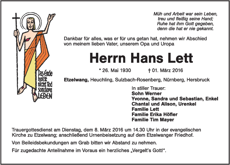  Traueranzeige für Hans Lett vom 05.03.2016 aus Hersbrucker Zeitung