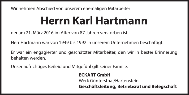  Traueranzeige für Karl Hartmann vom 23.03.2016 aus Hersbrucker Zeitung