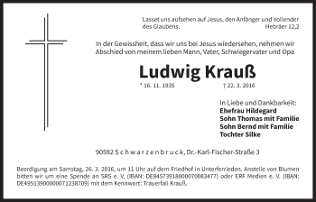 Traueranzeige von Ludwig Krauß von Der Bote