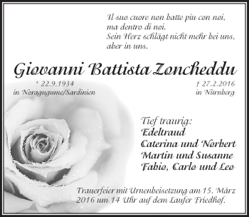 Traueranzeige von Giovanni Battista  Zoncheddu von Pegnitz-Zeitung