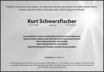 Traueranzeige von Kurt Schwarzfischer von Hersbrucker Zeitung