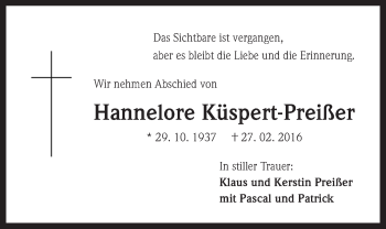 Traueranzeige von Hannelore Küspert-Preißer von Der Bote