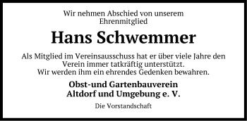 Traueranzeige von Hans Schwemmer von Der Bote