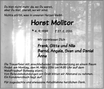 Traueranzeige von Horst Molitor von Pegnitz-Zeitung