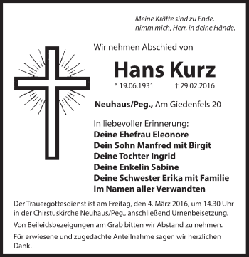 Traueranzeige von Hans Kurz von Hersbrucker Zeitung
