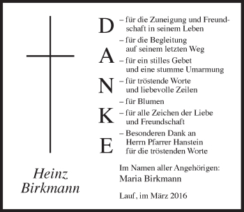 Traueranzeige von Heinz Birkmann von Pegnitz-Zeitung