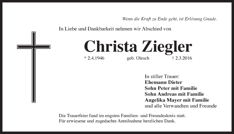  Traueranzeige für Christa Ziegler vom 12.03.2016 aus Pegnitz-Zeitung