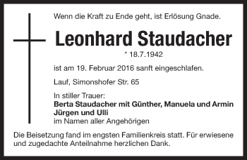 Traueranzeige von Leonhard Staudacher von Pegnitz-Zeitung