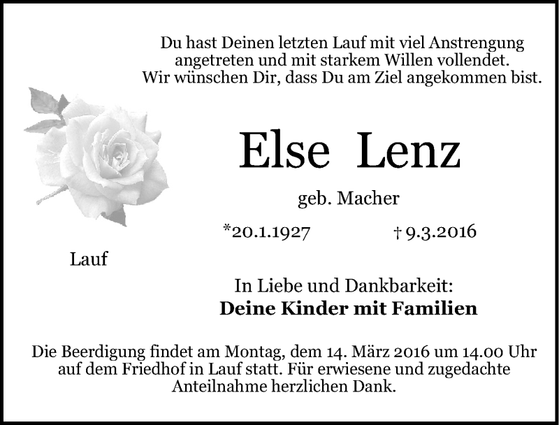  Traueranzeige für Else Lenz vom 12.03.2016 aus Pegnitz-Zeitung