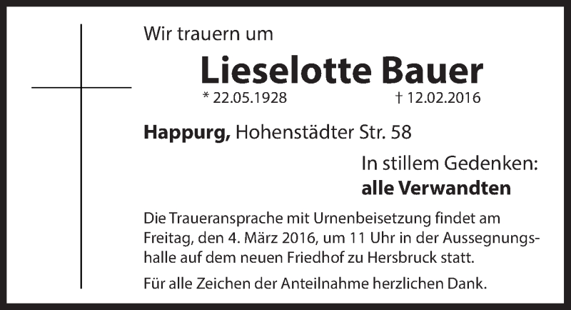  Traueranzeige für Lieselotte Bauer vom 02.03.2016 aus Hersbrucker Zeitung
